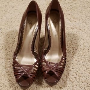 Brown leather woven heels, size 8